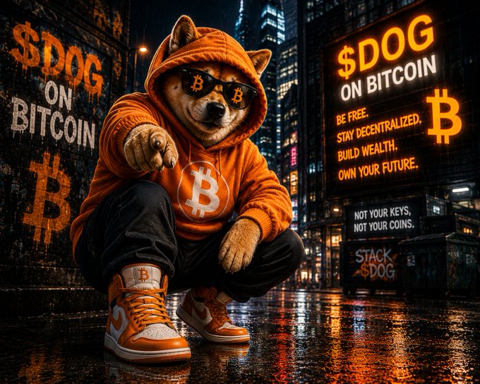 The image features a dog wearing an orange hoodie with sunglasses and brown shoes sitting on a wet city street at night. The background includes a neon sign for Bitcoin that says "SODOG ON BITTECOIN" and another sign that reads "DON'T YOUR KEYS, NOT YOUR COINS". These signs suggest the image is related to Bitcoin or cryptocurrency, possibly promoting the idea of decentralization in the digital world.