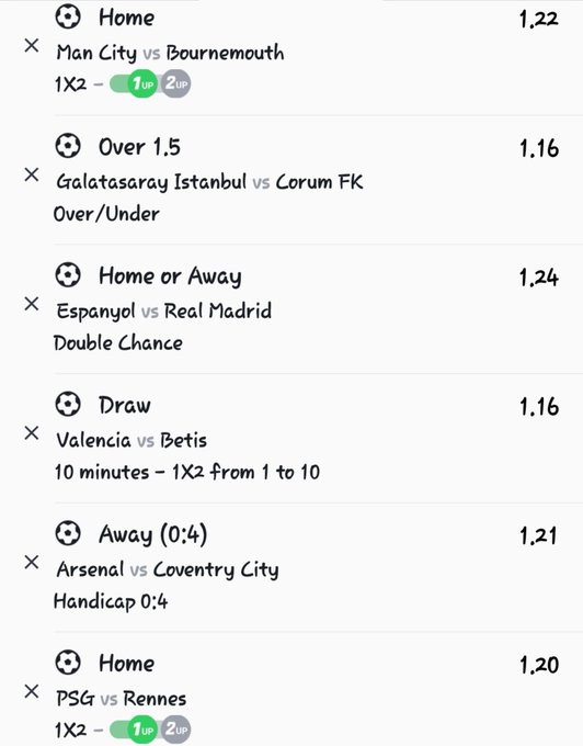 The image displays a list of football betting selections with odds, including Man City vs Bournemouth (Home, 1.22), Galatasaray Istanbul vs Corum FK (Over 1.5, 1.16), Espanyol vs Real Madrid (Home or Away, 1.24), Valencia vs Betis (Draw, 1.16), Arsenal vs Coventry City (Away 0:4, 1.21), and PSG vs Rennes (Home, 1.20), representing a mixed parlay bet as promoted in the post teasing a 200 million winning slip for tomorrow.