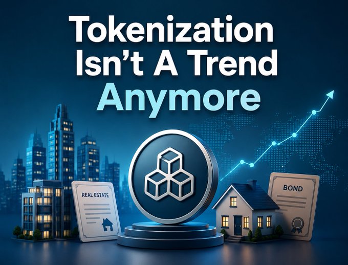 The image features a dark blue graphic with bold text reading "Tokenization Isn't A Trend Anymore," accompanied by a 3D token symbol, miniature houses and buildings, documents labeled "REAL ESTATE" and "BOND," and an upward-trending chart—all visually reinforcing the post's message about the surge in real-world asset (RWA) deposits to $7.4 billion, tripling year-over-year while DeFi deposits decline.