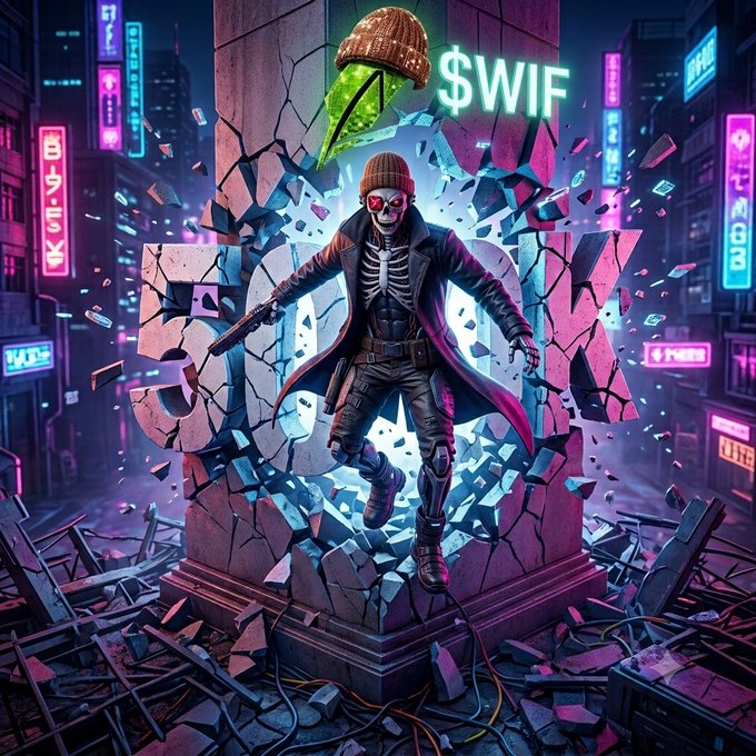 A vibrant cyberpunk-style image of a skeletal character bursting through a concrete pillar, with the text '$WIF' and a floating green pickle character wearing a beanie in the background.