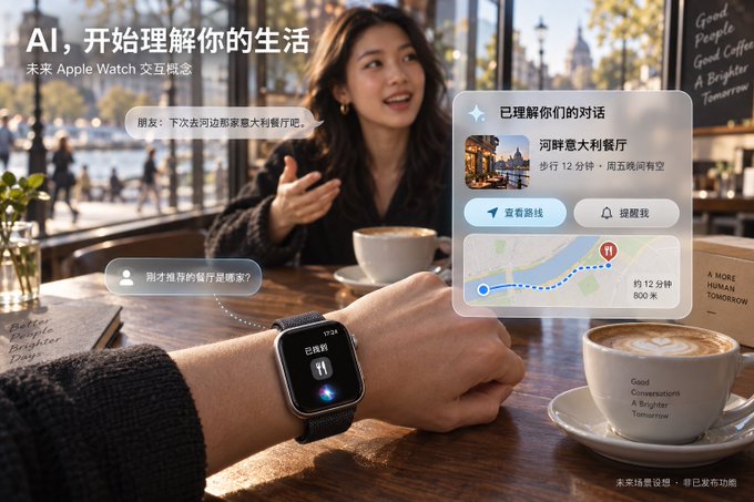 An advertisement for a future Apple Watch concept titled 'AI, 开始理解你的生活' shows a woman's smartwatch interface extracting restaurant details from her conversation, displaying '河畔意大利餐厅' with walking directions.