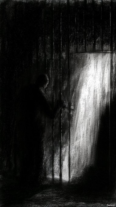 A shadowy figure stands behind vertical bars, bathed in a stark shaft of light breaking through the darkness, evoking the isolation and confinement central to the poem "The Prisoner." The artwork by Sneketoshi, auctioned on Transient Labs, visually captures the haunting tension between darkness and hope that defines the piece.