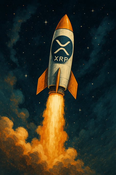 A vintage-style illustration depicts a rocket emblazoned with the XRP logo blasting off into a starry night sky, its fiery exhaust trail illuminating billowing clouds below. The soaring imagery visually echoes the message of patience and forward-looking optimism for $XRP holders.