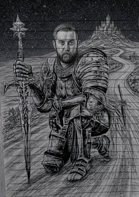 A black and white drawing of a bearded man in medieval armor kneeling on a hill with a large sword, set against a starry night sky and a distant castle.