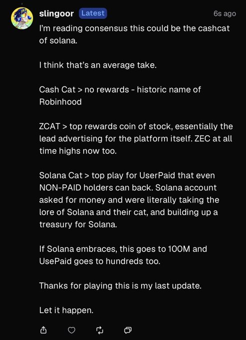 A Discord message from "slingo0r" posted 6 seconds ago discussing "Cash Cat" as a potential "cashcat of solana," comparing it to ZCAT and Solana Cat, with bullish predictions of $100M for Solana Cat if embraced. The message relates to the accompanying post about loading up more shares at $1.5M, as slingo0r's optimistic analysis of Solana Cat's potential justifies the continued buying at higher prices.