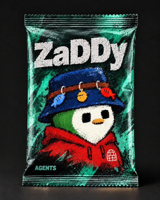 A black snack bag with green paint splatter effects displays the text "ZADDY" above an embroidered-style penguin character wearing a blue hat with fish charms and a red jacket, with "AGENTS" written in the bottom left corner.