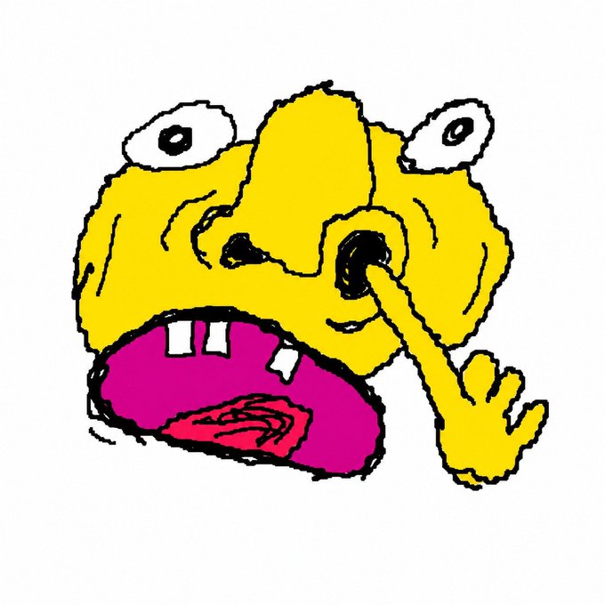 A crude, cartoon-style drawing of a yellow face with bulging eyes, a pink open mouth showing two teeth, and a hand picking its nose, conveying an absurd or clueless vibe—mirroring the post's warning about being the oblivious bystander who misses out on the $TRADER breakout.