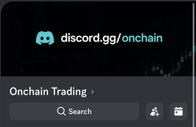 A screenshot of a Discord server invite screen showing 'discord.gg/onchain' with the server name 'Onchain Trading'.