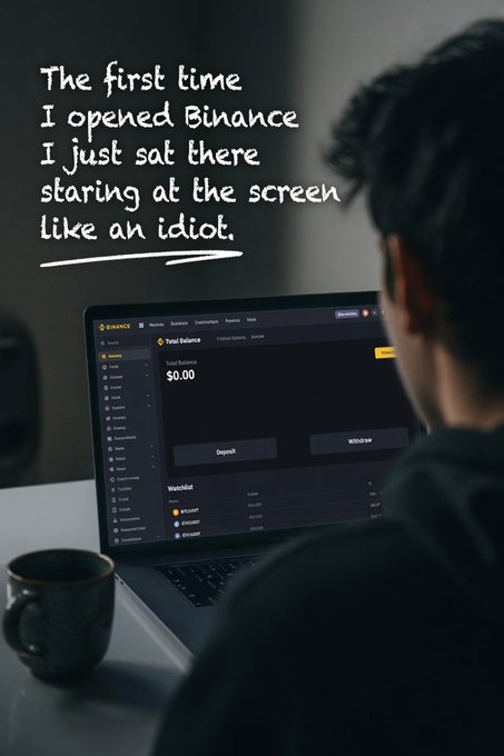 Meme-style image showing a person looking at a Binance Total Balance of $0.00 on a laptop, with overlay text reading 'The first time I opened Binance I just sat there staring at the screen like an idiot.'