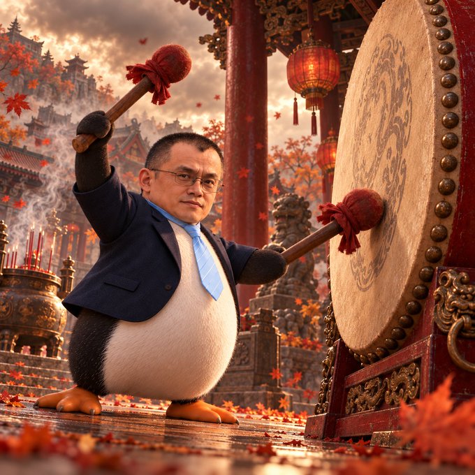 A whimsical digital artwork shows a character with a man's head, glasses, and tie on a penguin's body, holding drumsticks to strike a large ceremonial gong in an ornate Asian temple setting with red autumn leaves.