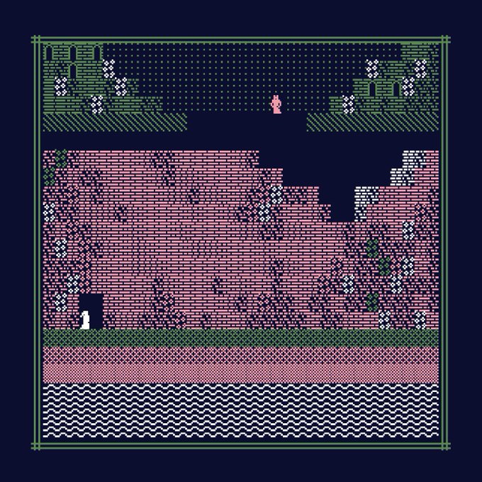 A pixel art game scene featuring a small white character standing before a pockmarked brick wall beneath floating green platforms and a red sky, bordered by a decorative green frame.