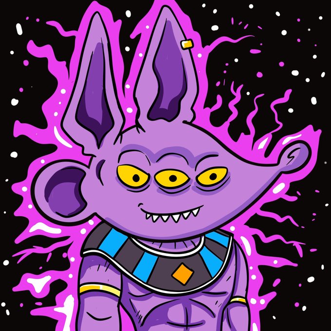 A digital illustration features a purple, cartoonish character with tall pointed ears, three yellow eyes, sharp teeth, and a blue-and-black striped collar, surrounded by pink and purple splashes against a black background.