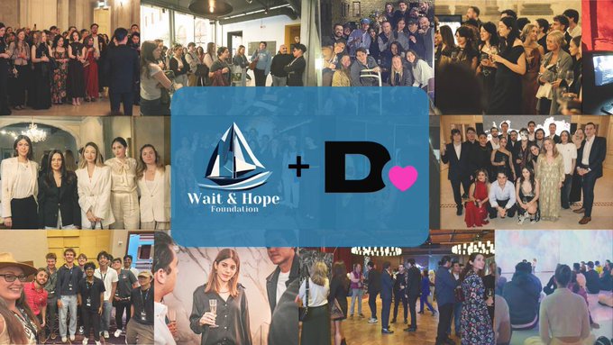 A collage of event photos featuring the 'Wait & Hope Foundation' logo alongside the letter 'D' with a pink heart, surrounded by images of people at various gatherings.
