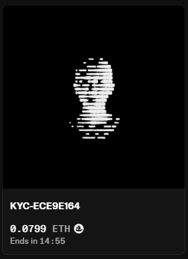 NFT listing on OpenSea for token KYC-ECE9E164, priced at 0.0799 ETH with 14:55 remaining.