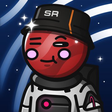 A cute cartoon red planet character wearing an "SR" cap and a spacesuit smiles against a cosmic starry background, complementing the post's playful comparison with the word "Both are."