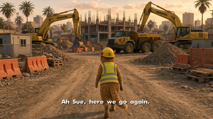 An anthropomorphic cat wearing a hard hat and a yellow safety vest walks away from the camera into an active construction site with excavators and dump trucks, with the subtitle "Ah Sue, here we go again."