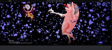 A surreal image of a naked mole rat in a pink bikini dancing on a starry background next to a small butterfly character.