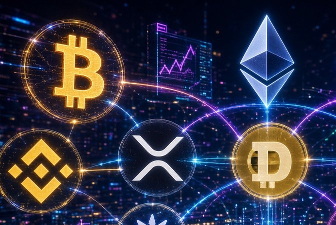 A vibrant digital graphic displays prominent cryptocurrency logos—Bitcoin (₿), Ethereum (Ξ), XRP, and others—interconnected by glowing neon lines, with a stock chart showing an upward trend in the background, symbolizing the growing financial interest in crypto markets relevant to discussions of potential U.S. government cryptocurrency purchases.