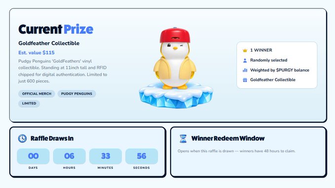 A webpage showing a 'Current Prize' for a 'Goldfeather Collectible' Pudgy Penguins vinyl, with an estimated value of $115, limited to 600 pieces; a raffle countdown shows 00 days, 06 hours, 33 minutes, and 56 seconds remaining.