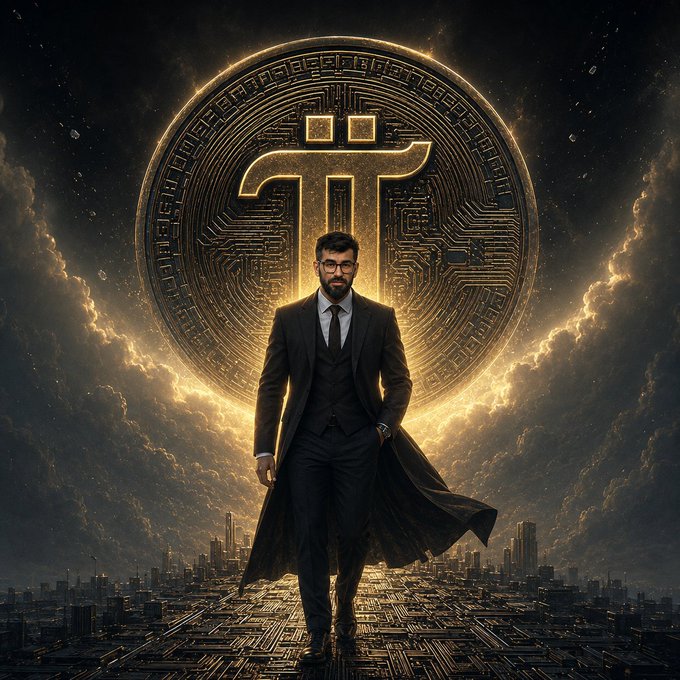 A man in a dark suit and tie stands before a massive glowing gold Pi cryptocurrency coin against a dramatic cloudy sky over a city skyline.