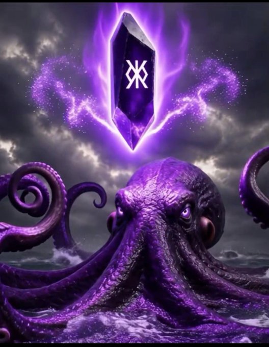 Digital artwork featuring a purple octopus emerging from the ocean with a glowing purple crystal above it displaying a white rune-like symbol against a cloudy, dark sky.