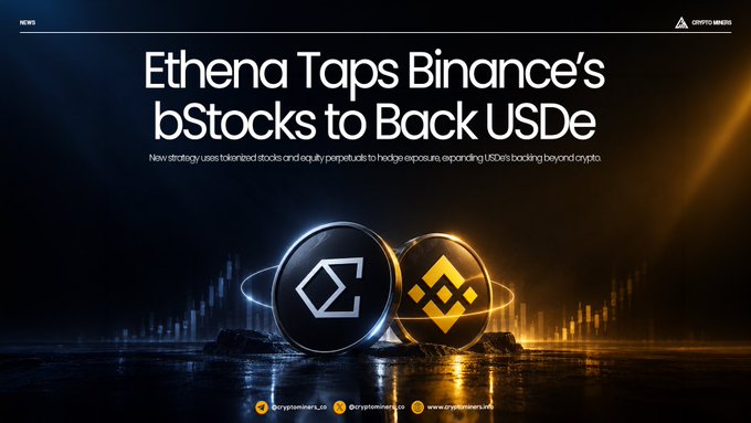 Cryptos.News article header reading 'Ethena Taps Binance's bStocks to Back USDe' showing the Ethena and Binance logos