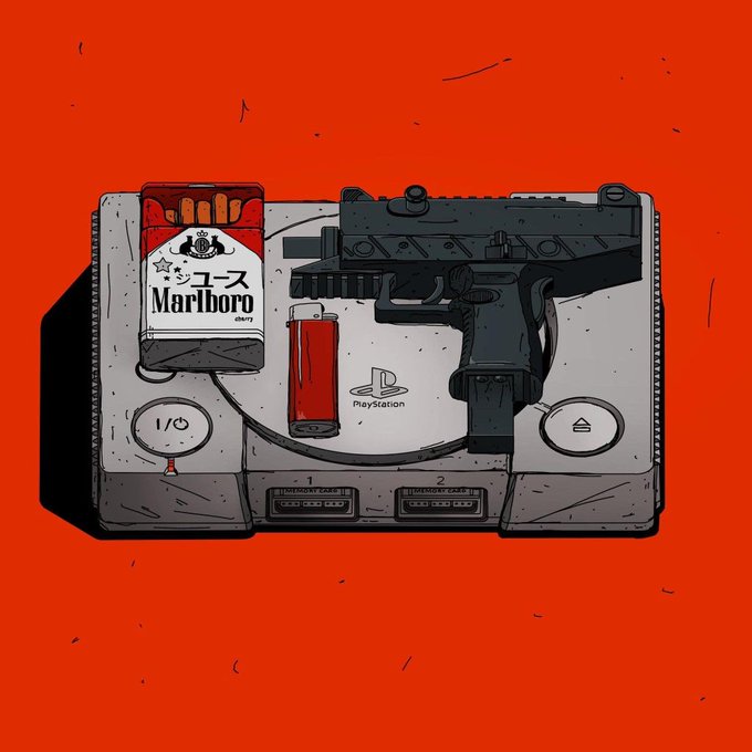An illustrated artwork of an original PlayStation console modified with a Marlboro cigarette pack, a handgun, and a lighter on a red background.