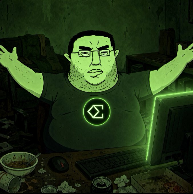 A cartoon illustration depicts a frustrated-looking man with glasses sitting at a messy computer desk, with a glowing green logo on his shirt and a matching green computer monitor.