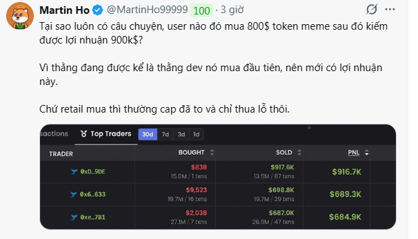 A Vietnamese tweet by Martin Ho (@MartinHo99999) discussing meme token trading profits, accompanied by a 'Top Traders' list showing traders like 0xD.90E making $916.7K in PNL.