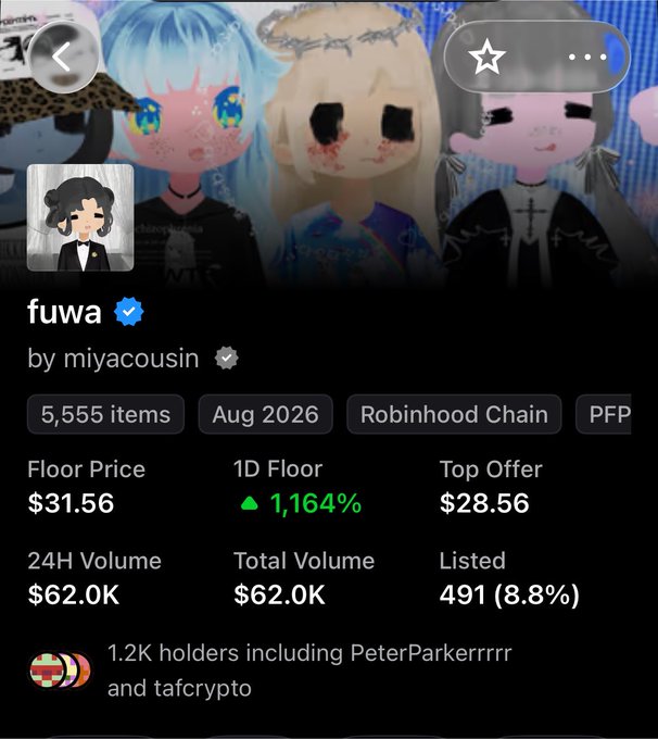 An NFT collection page for 'fuwa' by miyacousin with 5,555 items on the Robinhood Chain, showing a floor price of $31.56 (+1,164% in 24H), $62.0K volume, and 1.2K holders including PeterParkerrrrr and tafcrypto.