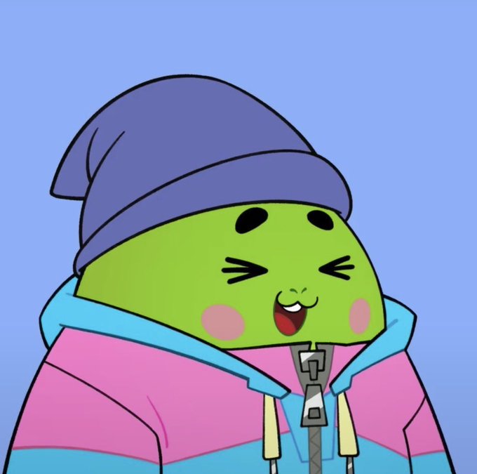 A cartoon illustration of a green, rounded character wearing a purple beanie and a pink, blue, and yellow color-blocked jacket, smiling with a winking expression.