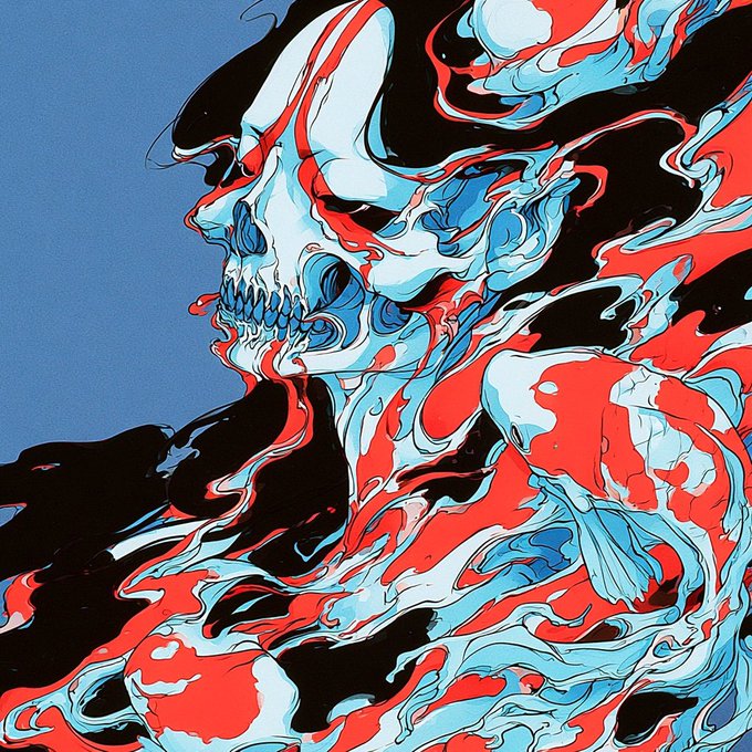 Stylized digital artwork of a demonic skull-like figure rendered in swirling red, white, blue, and black colors.