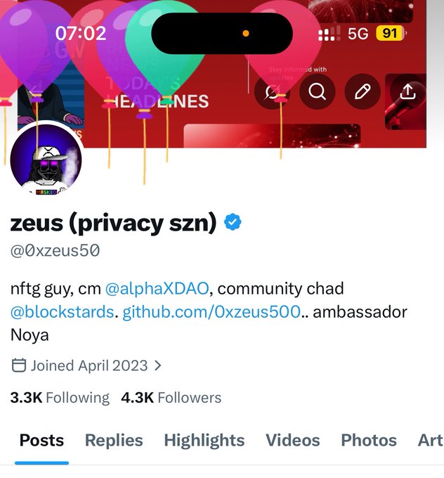 A Twitter/X profile for 'zeus (privacy szn)' (@0xzeus50) with a verified badge, describing themselves as an 'nftg guy, cm @alphaXDAQ, community chad' and ambassador for Noya, joined April 2023 with 3.3K following and 4.3K followers.