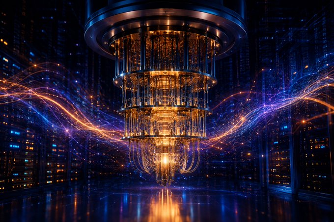A futuristic quantum computer glows with golden light at the center, surrounded by swirling streams of blue and orange energy that resemble blockchain networks, visually reinforcing the post's theme of quantum computing's emerging intersection with cryptocurrency discussions.