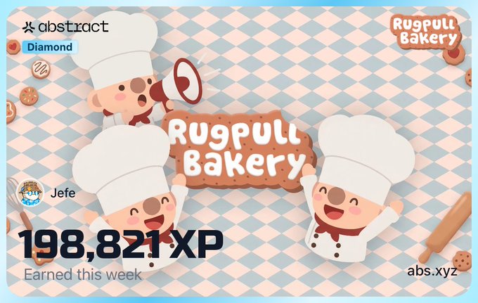 The image features a cartoon chef holding up a sign that says "Rugpull Bakery". The background of the image shows a kitchen with various items such as a knife, spoon, and bowl. There are also other cartoon characters present in the scene. The text on the image includes a hashtag (#AbstractChain) and a post about the day being Tuesday at 200k XP.