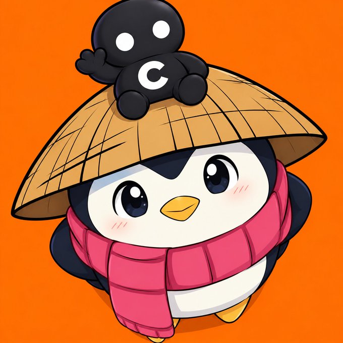 A cute cartoon penguin wearing a straw hat and red scarf carries a small black figure on its head against an orange background.