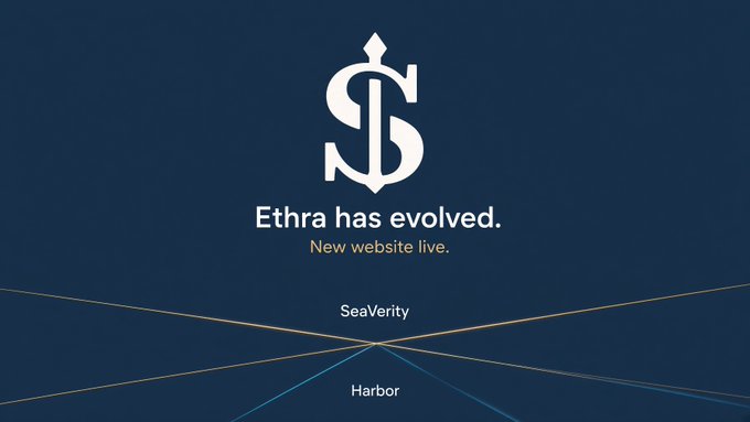 A corporate announcement graphic with a logo reading 'Ethra has evolved. New website live.' and labels for 'SeaVerity' and 'Harbor' on a dark blue background.