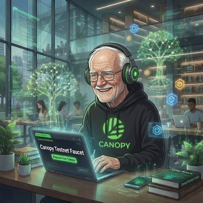 A digital illustration of an older man in a 'CANOPY' branded black hoodie using a laptop showing the 'Canopy Testnet Faucet' page, set in a modern tech office with glowing digital trees.