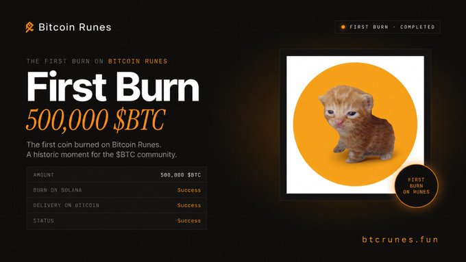 A webpage displaying the 'First Burn' of 500,000 $BTC on Bitcoin Runes, featuring an image of an orange kitten and the website btcRunes.fun.