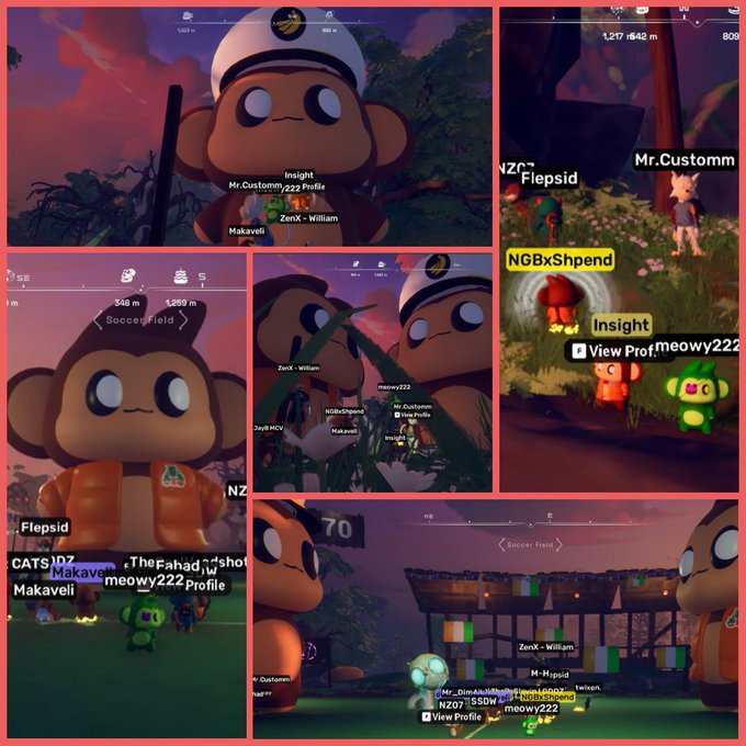 Collage of screenshots from a multiplayer game featuring monkey-like avatars with usernames like Mr.Customm, Fiepsid, ZenX-William, meowy222, NGBxShpend, Insight, and Makaveli in various in-game locations including Soccer Field.