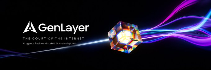 A promotional banner for 'GenLayer' featuring the tagline 'THE COURT OF THE INTERNET - AI agents. Real world stakes. Onchain disputes.' alongside a glowing hexagonal graphic.