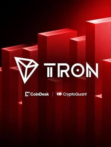 A promotional graphic with red 3D bar charts displaying the TRON logo and branding alongside 'CoinDesk' and 'CryptoQuant' logos.