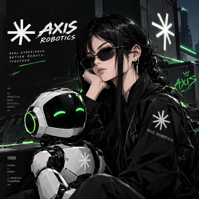 Stylized cyberpunk artwork for 'AXIS ROBOTICS' featuring a dark-haired woman in sunglasses alongside a white robot with glowing green eyes. Text reads 'REAL EXPERIENCE. BETTER ROBOTS. TOGETHER.', 'AXIS ROBOTICS DATA PHYSICAL WORLD', and 'HUMAN ROBOT A SMARTER TOMORROW'.