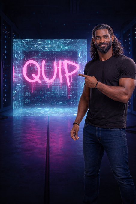 A muscular man with long curly hair smiling and pointing at a neon 'QUIP' sign in a futuristic server room setting.