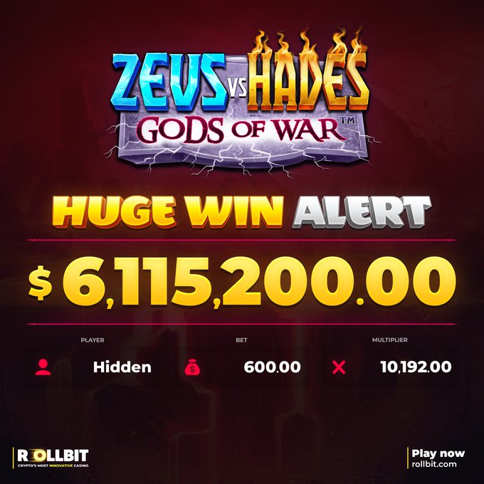 A promotional graphic from Rollbit's online casino announces a "HUGE WIN ALERT" of $6,115,200.00 on the slot game "Zeus vs Hades - Gods of War," showing a player named "Hidden" won the amount with a $600 bet multiplied by 10,192.00, visually answering the post's question about who hit the $6 million jackpot.