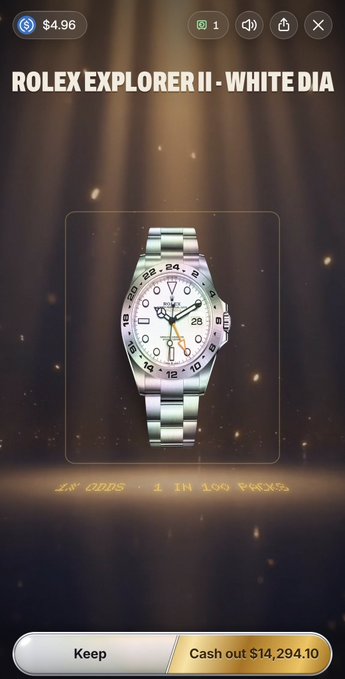A mobile game screen announces “ROLEX EXPLORER II - WHITE DIA” and displays a diamond-encrusted Rolex Explorer II-style watch. It shows a $4.96 balance, a “Cash out $14,294.10” button, and supports the post about winning a Rolex watch in Pump.fun packs.