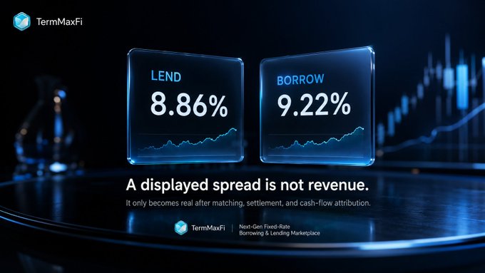 The image is a TermMaxFi promotional graphic displaying floating glass panels showing "LEND 8.86%" and "BORROW 9.22%" rates above the tagline "A displayed spread is not revenue," reinforcing the post's point that the 36 bps difference between lending and borrowing rates hasn't yet been realized as profit since matching, settlement, and cash-flow attribution are still required.