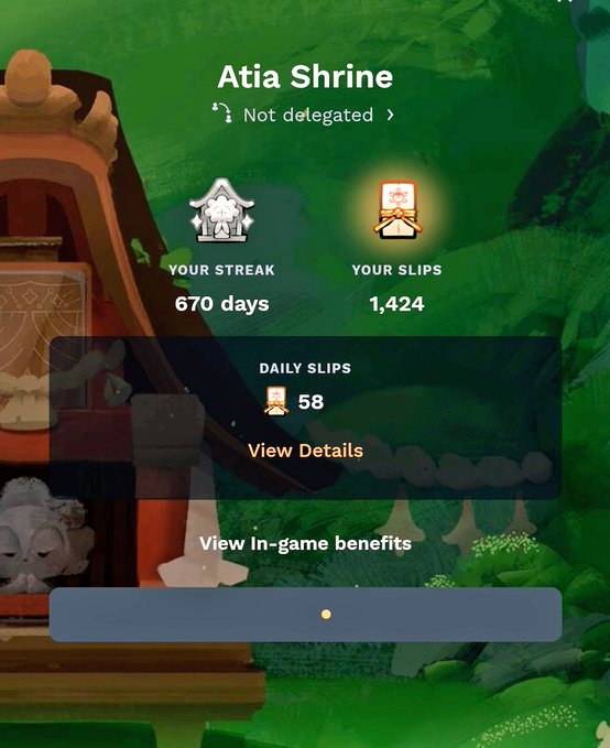 A mobile game screen showing the 'Atia Shrine' interface with a 670-day streak, 1,424 slips, 58 daily slips, and a 'Not delegated' status.
