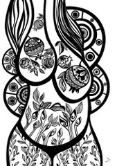 A detailed black and white zentangle-style illustration depicting a woman with flowing hair, her body adorned with floral patterns and abstract circular designs.