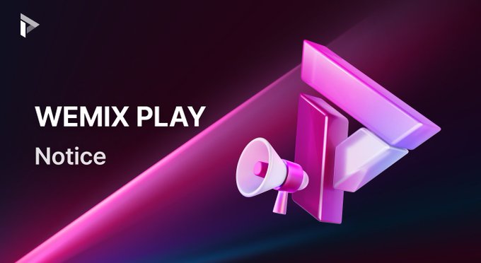 A promotional graphic with a dark background featuring a pink 3D 'W' logo and a megaphone, alongside the text 'WEMIX PLAY Notice.'
